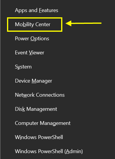 Open Mobility Center from Power Menu