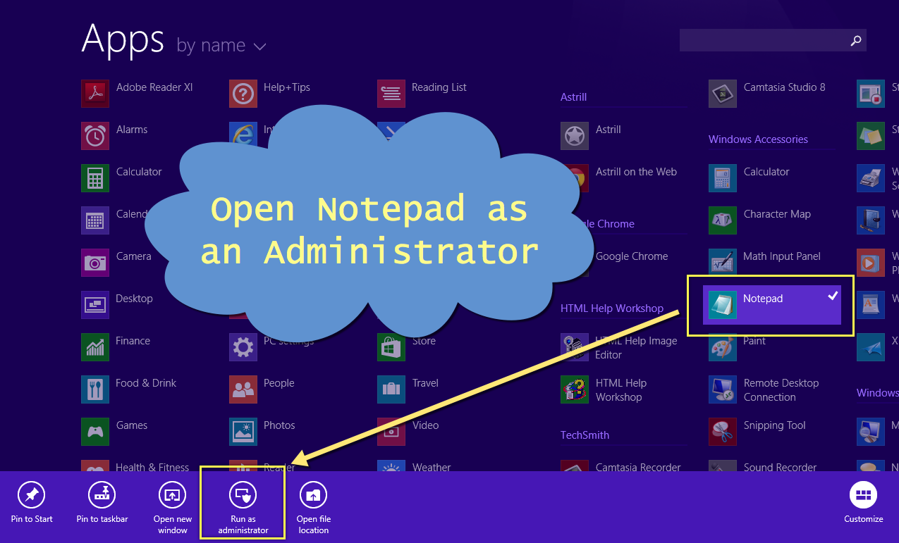 Open Notepad as an Administrator in Windows 8.1
