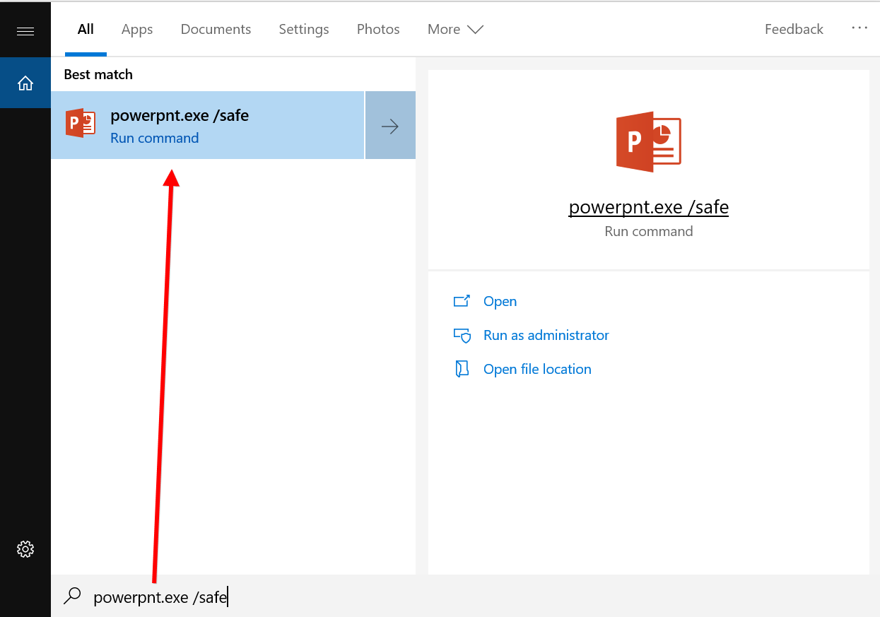 Open PowerPoint in Safe Mode from Search Box