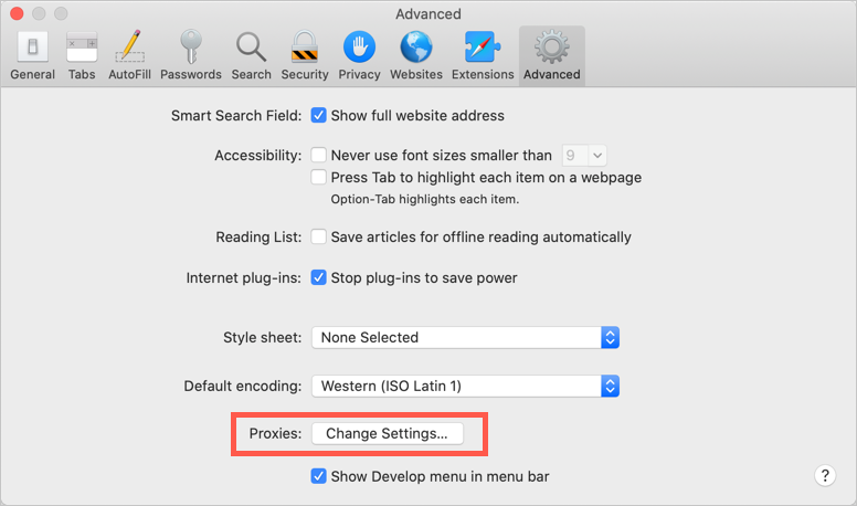 Open Proxy Setup in Safari macOS