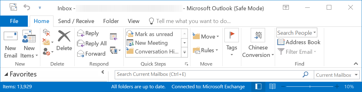Outlook in Safe Mode Connected to Exchange Server