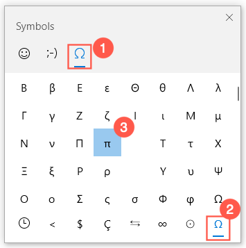 Pi Symbol in Windows Emoji Panel