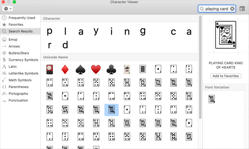 Playing Cards Symbols in Mac Character Viewer