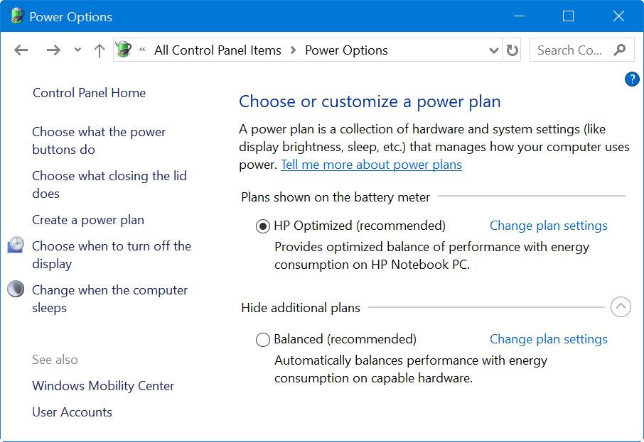 Power Plans in Windows 10