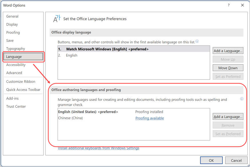 Proofing Language in Word