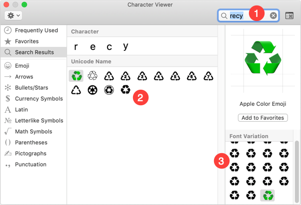 Recycling Symbols in Mac Character Viewer