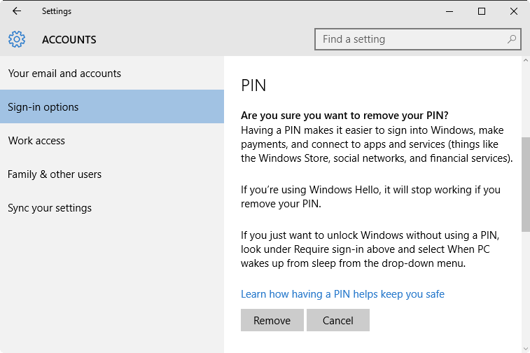 Confirm Remove PIN Password