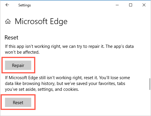 Repair or Reset Edge Browser