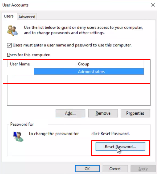 Reset Password of User Account