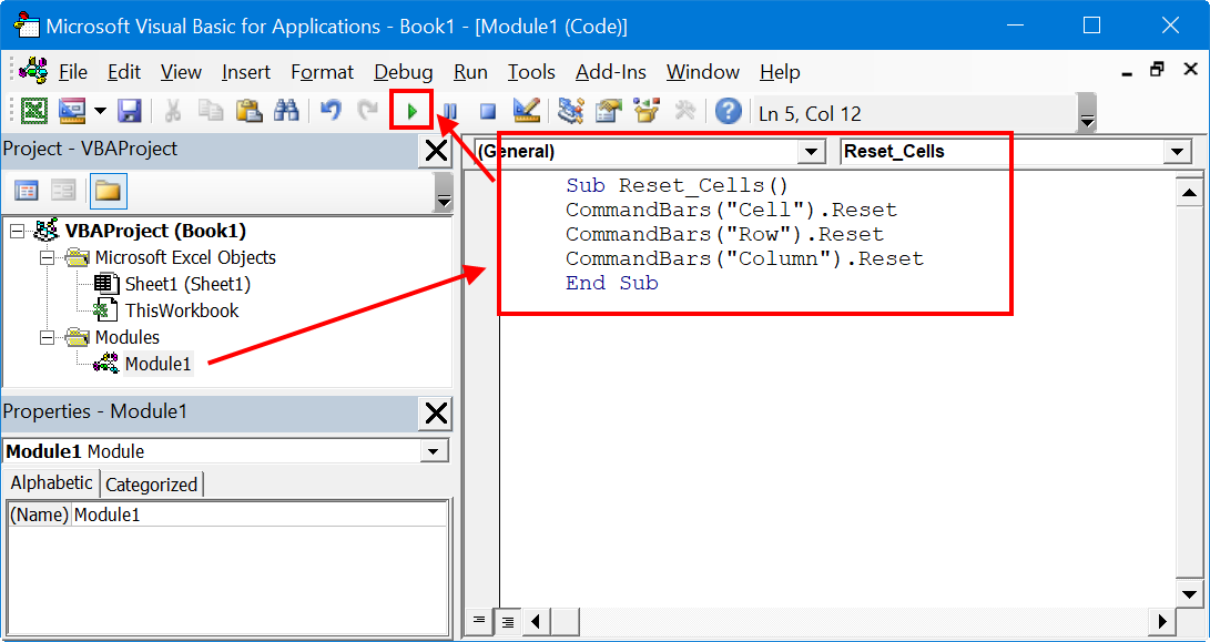 Run Reset Cell Commands in Excel VBA Editor Module