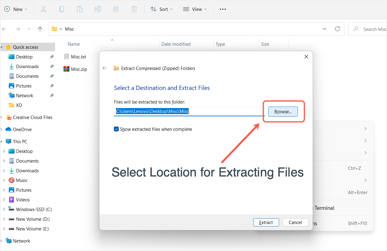 Select Extracted File Location