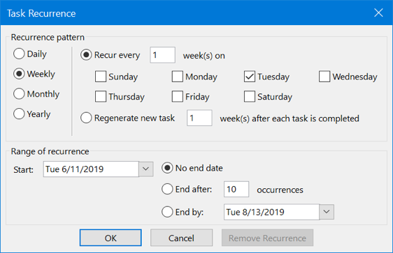 Setting Task Recurrence in Outlook