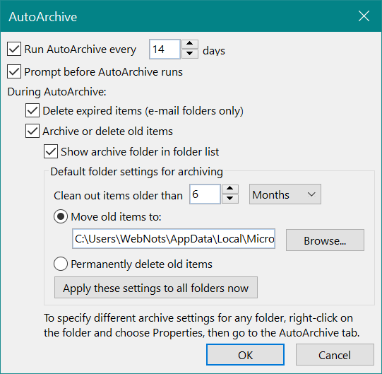 Setup AutoArchive in Outlook