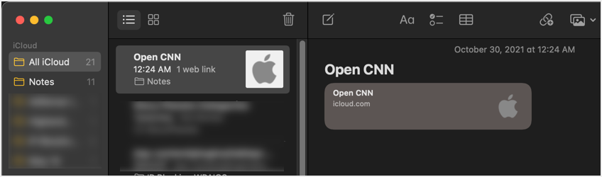 Shortcut iCloud Link in Notes App
