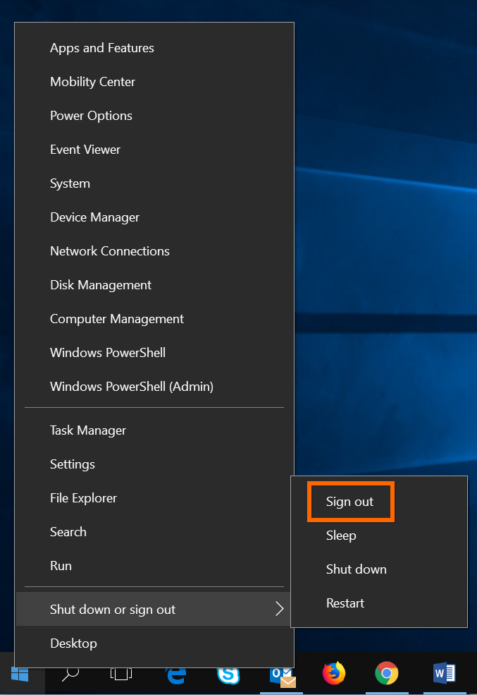 Sign Out Option in Windows 10