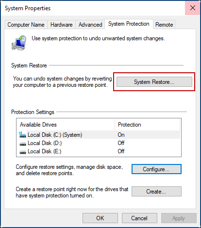 System Restore Option in Windows 10