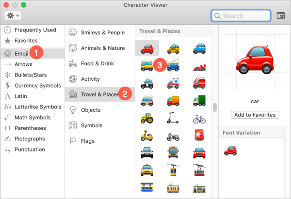 Transport Emoji Symbols in Mac