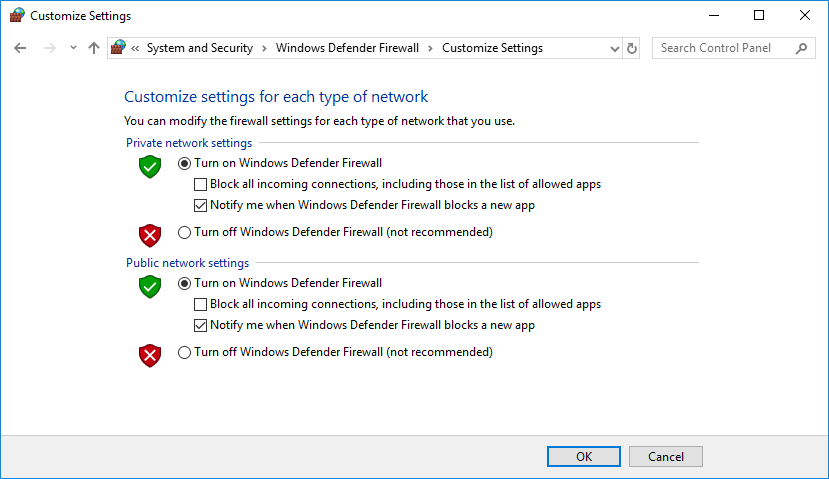Turn On or Off Windows Defender Firewall