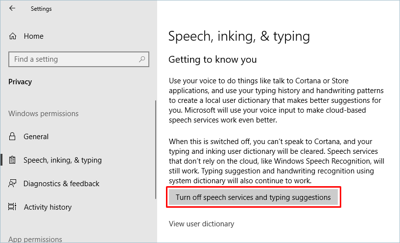 Turning Off Cortana Suggestions Services