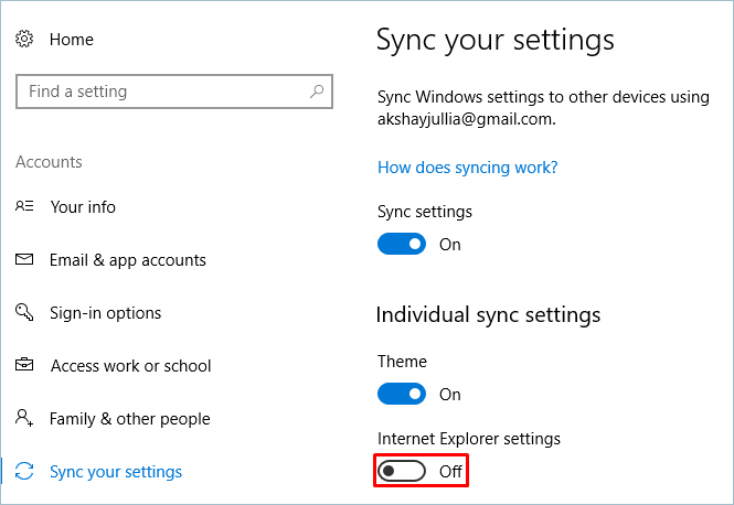Turning Off Individual Sync Settings