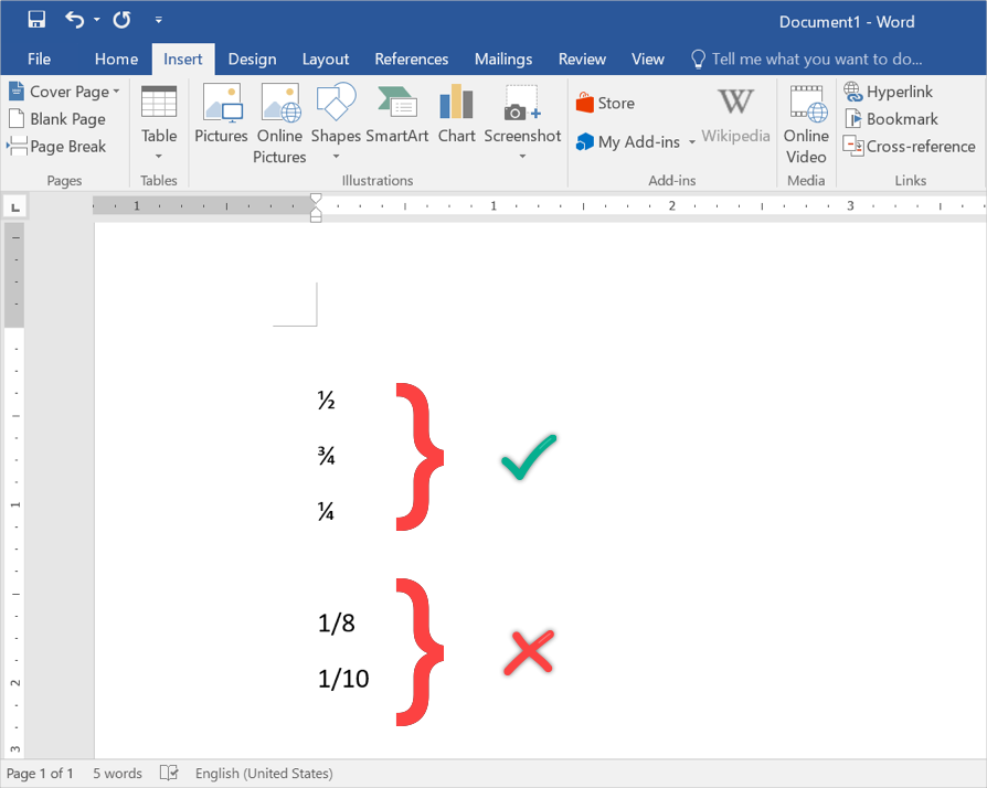 Typing Fraction Numbers in Word
