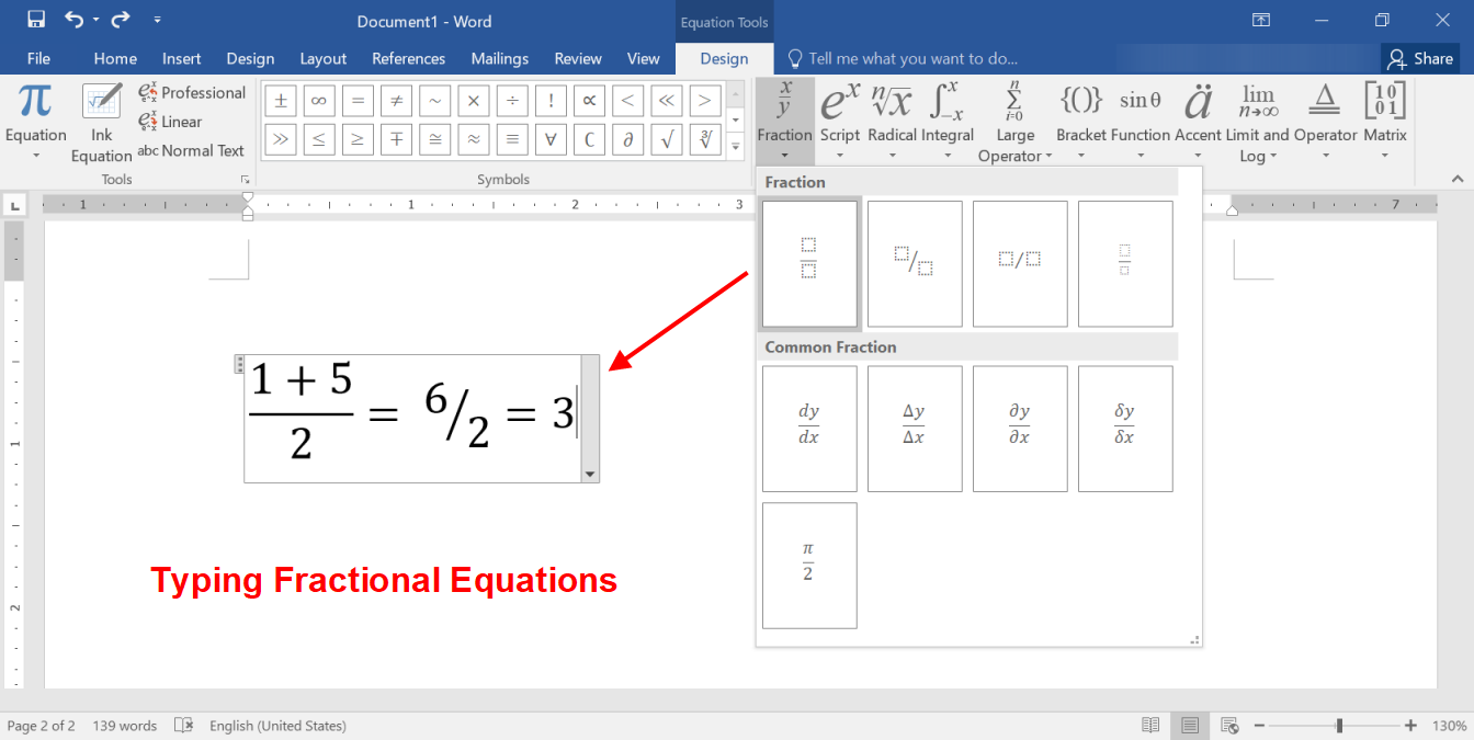 Typing Fractional Equations in Office Documents