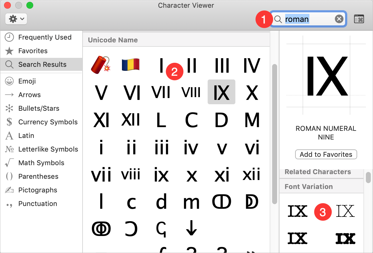 Typing Roman Numerals from Character Viewer in Mac