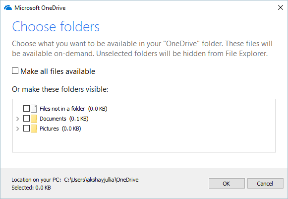 Unchecking OneDrive Folders
