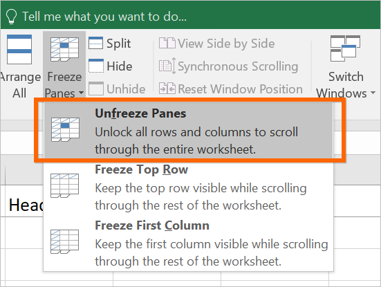 Unfreeze Panes in Excel Sheet