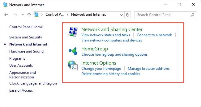 View Network and Internet Options