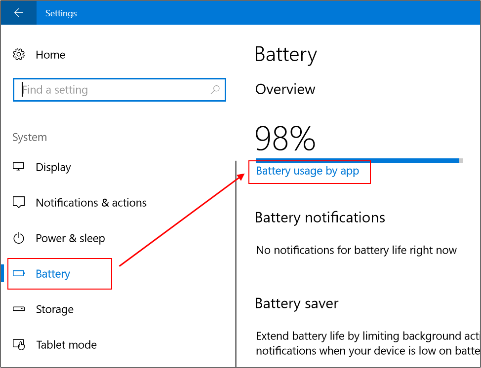 Windows 10 Battery Settings