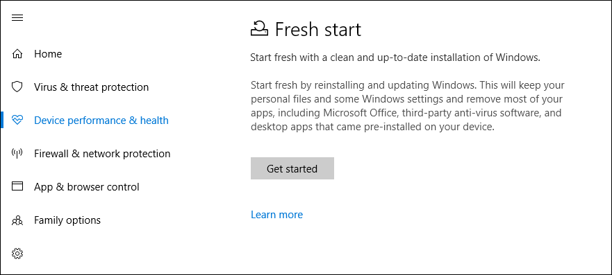Windows 10 Fresh Start Option