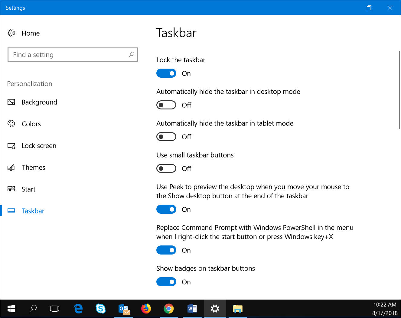 Windows 10 Taskbar Settings