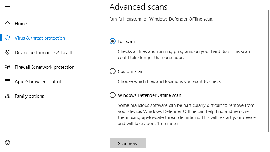 Windows Defender Offline Scan to Remove Malware
