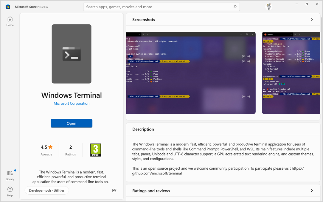 Windows Terminal App in Microsoft Store