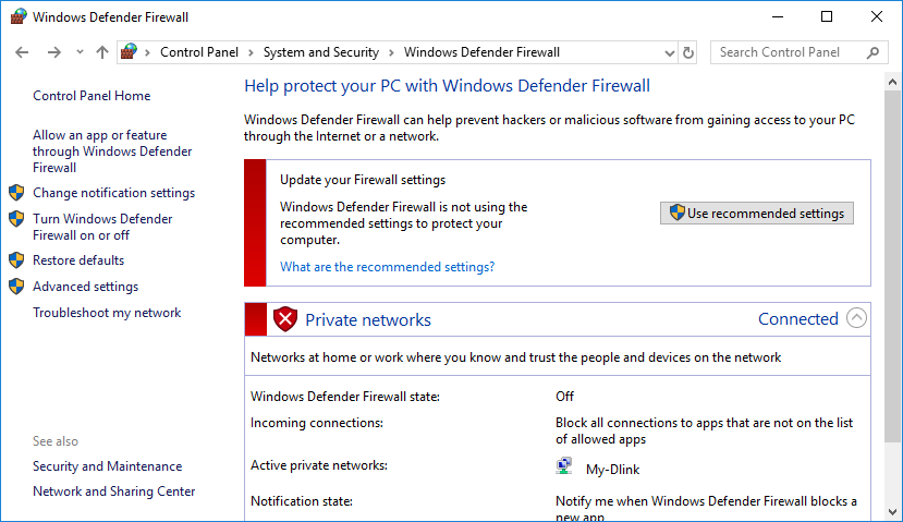 Windows Warning on Disabled Firewall