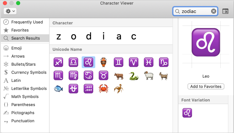 Zodiac Symbols in Mac Character Viewer