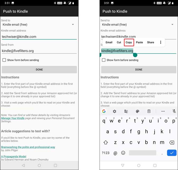 send articles to kindle using android app