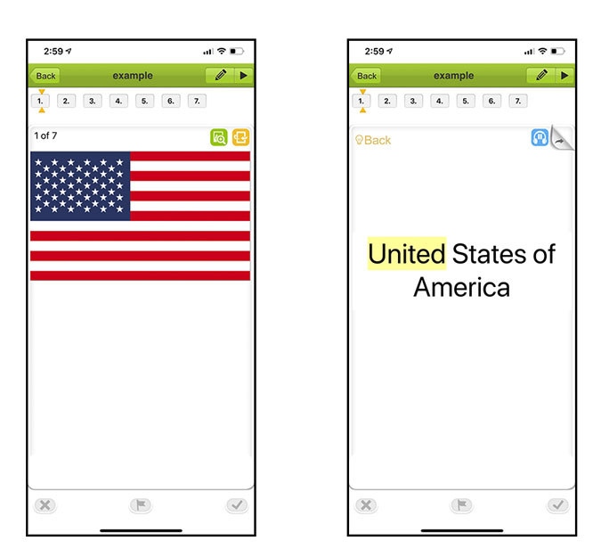 two screenshots of app; one with american flag and other shows the other side of the card with the country's name written on it.