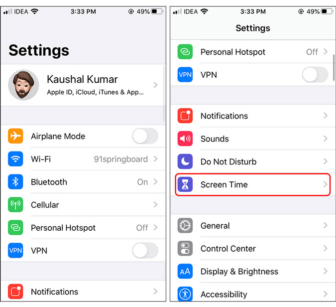settings page with screen time highlighted in red - lock app on iphone