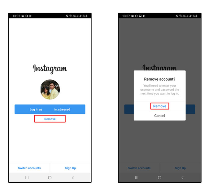 A screenshot of removing Instagram Account on Android