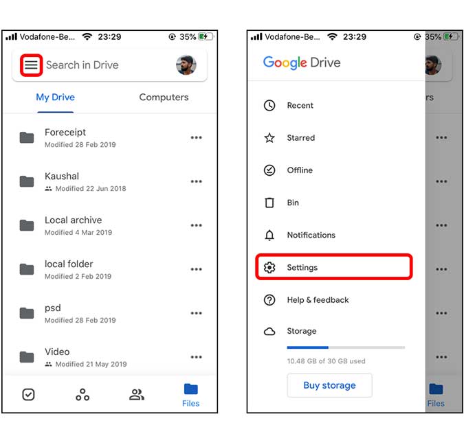 go to settings page on Google drive app