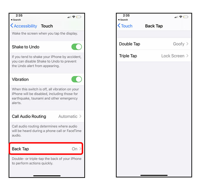 back tap settings for iphone