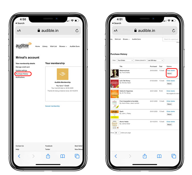 Purchase history and select a book and tap return
