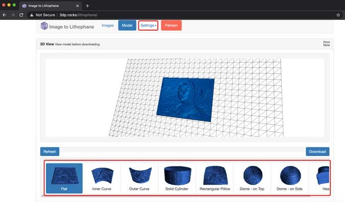 Settings page to select a model for lithophane