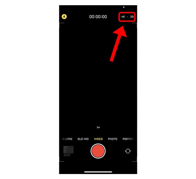 video resolution and frame rate button in camera app