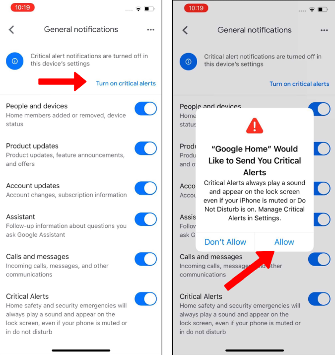 Allowing Google Home to send Critical Alerts on iPhone