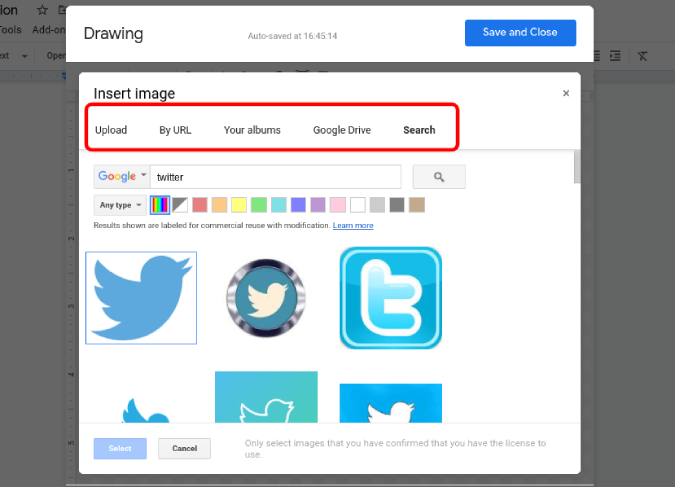 Uploading image from search in Google Drawing