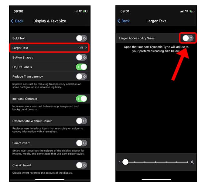 larger size in ios accessibility settings