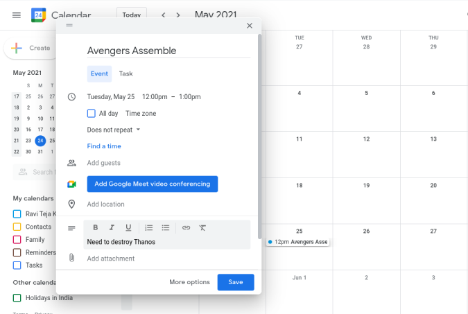 Filling all the event details on Google calendar